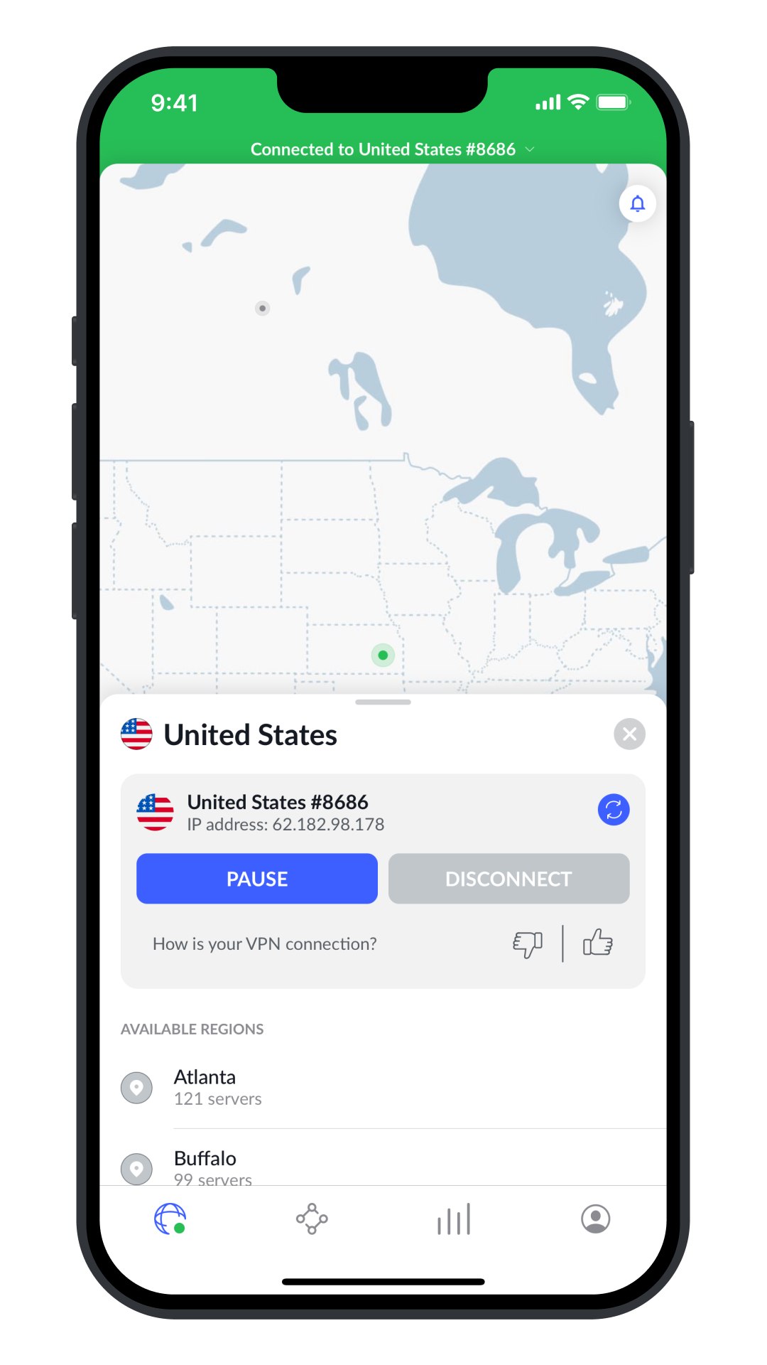 NordVPN iOS – ansluten till USA-server