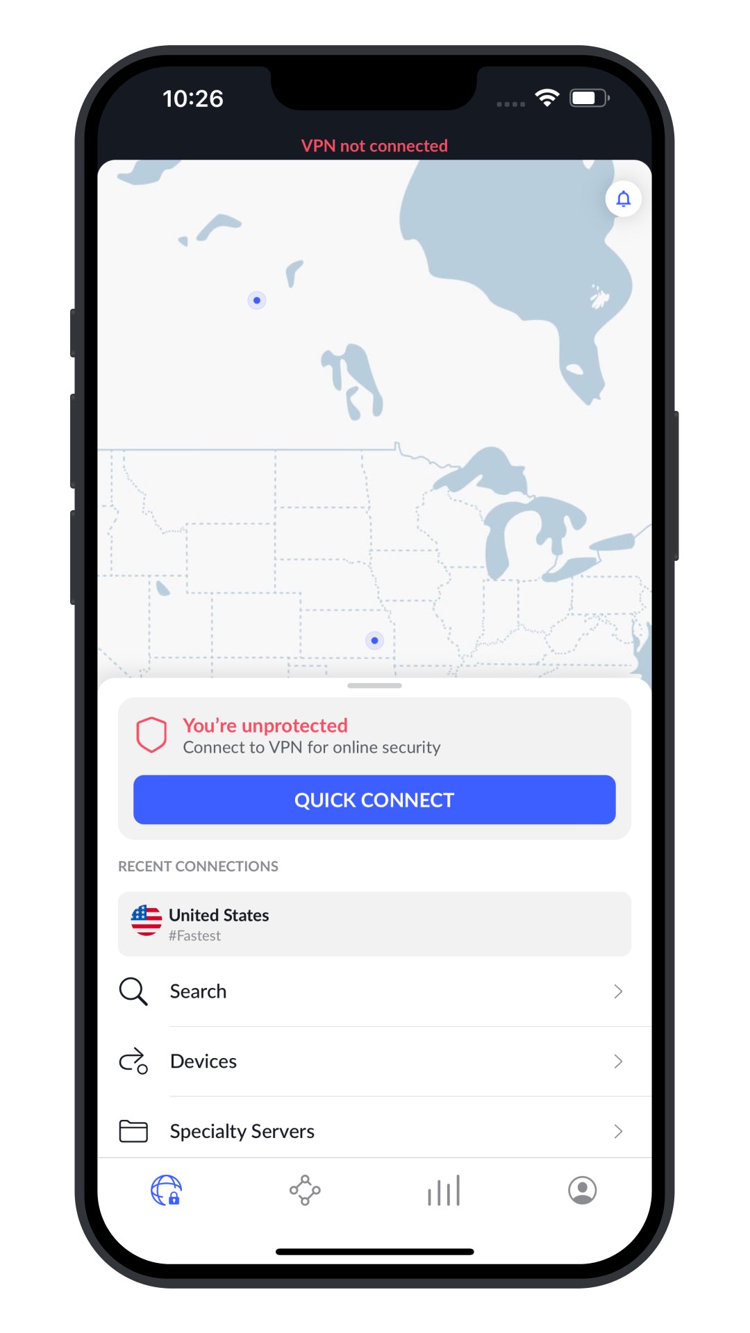NordVPN iOS – inte ansluten, Quick Connect-vy